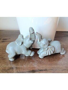 Vintage SY Pair Thick Ceramic Elephant Figurines 3.75" Trunk Up Jungle Animal